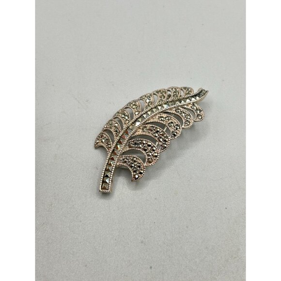 Vintage Sterling Silver & Marcasite Leaf Brooch Pin Classic Jewelry - Picture 4 of 7
